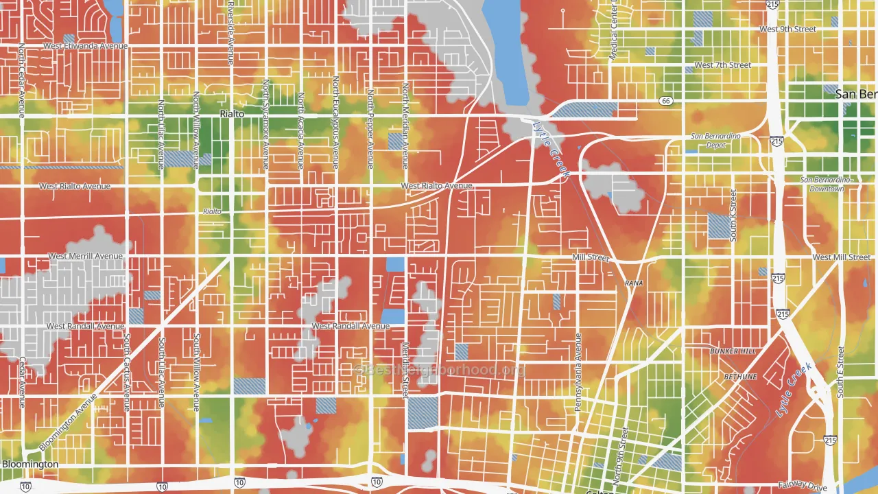 Walk Grade map of Rancho West, San Bernardino, CA, walkable areas in green and car-dependent areas in red