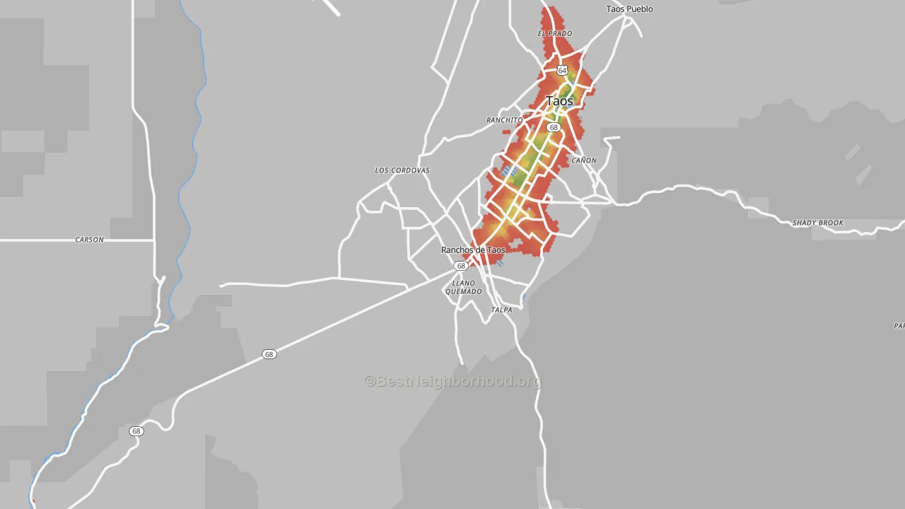 Walk Grade map of Ranchos de Taos, NM, walkable areas in green and car-dependent areas in red