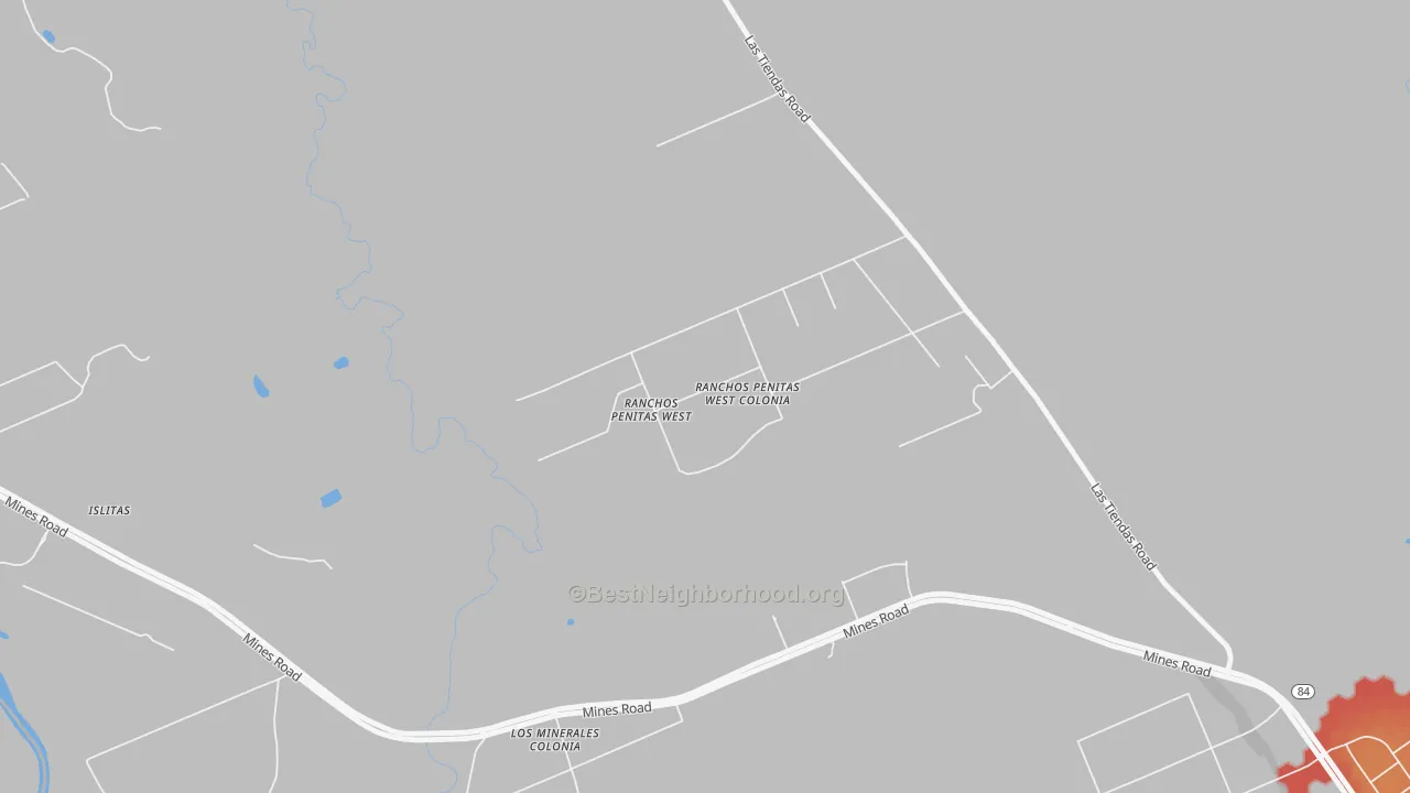 Walk Grade map of Ranchos Penitas West, TX, walkable areas in green and car-dependent areas in red
