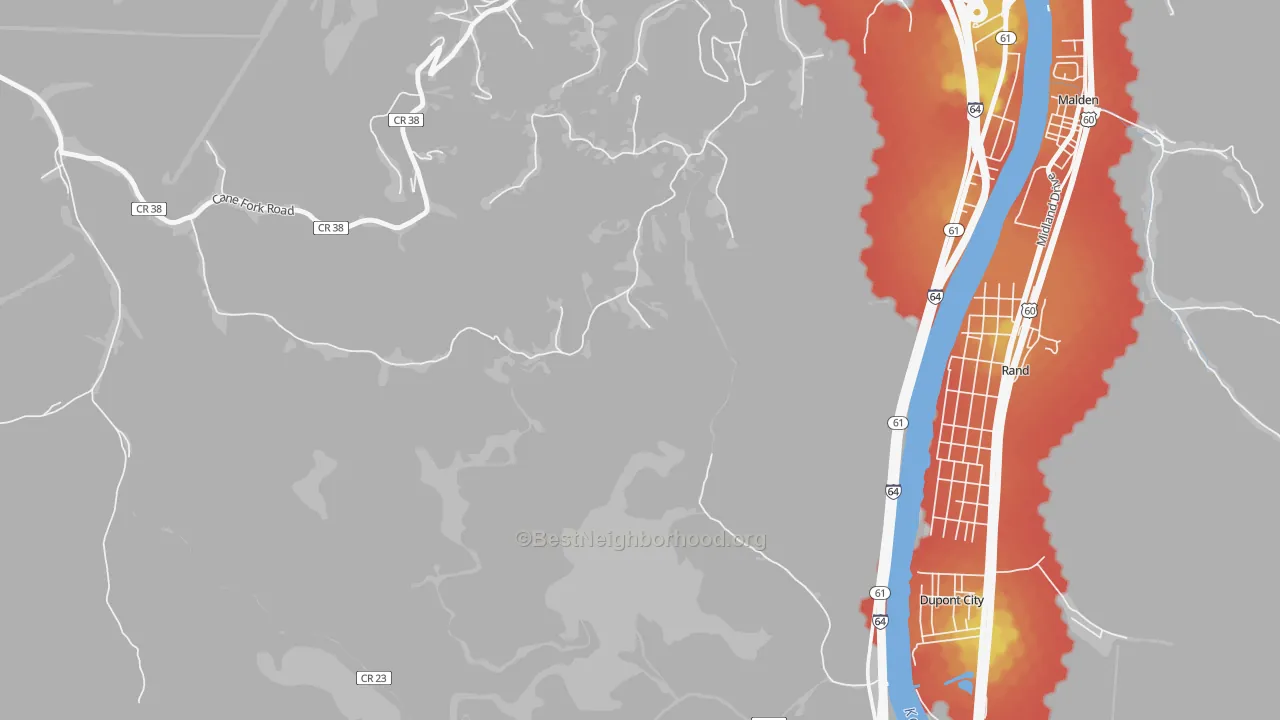 Walk Grade map of Rand, WV, walkable areas in green and car-dependent areas in red