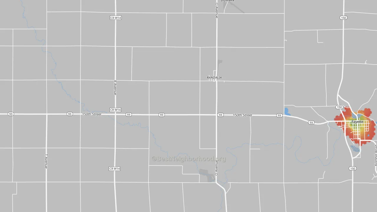 Walk Grade map of Randalia, IA, walkable areas in green and car-dependent areas in red