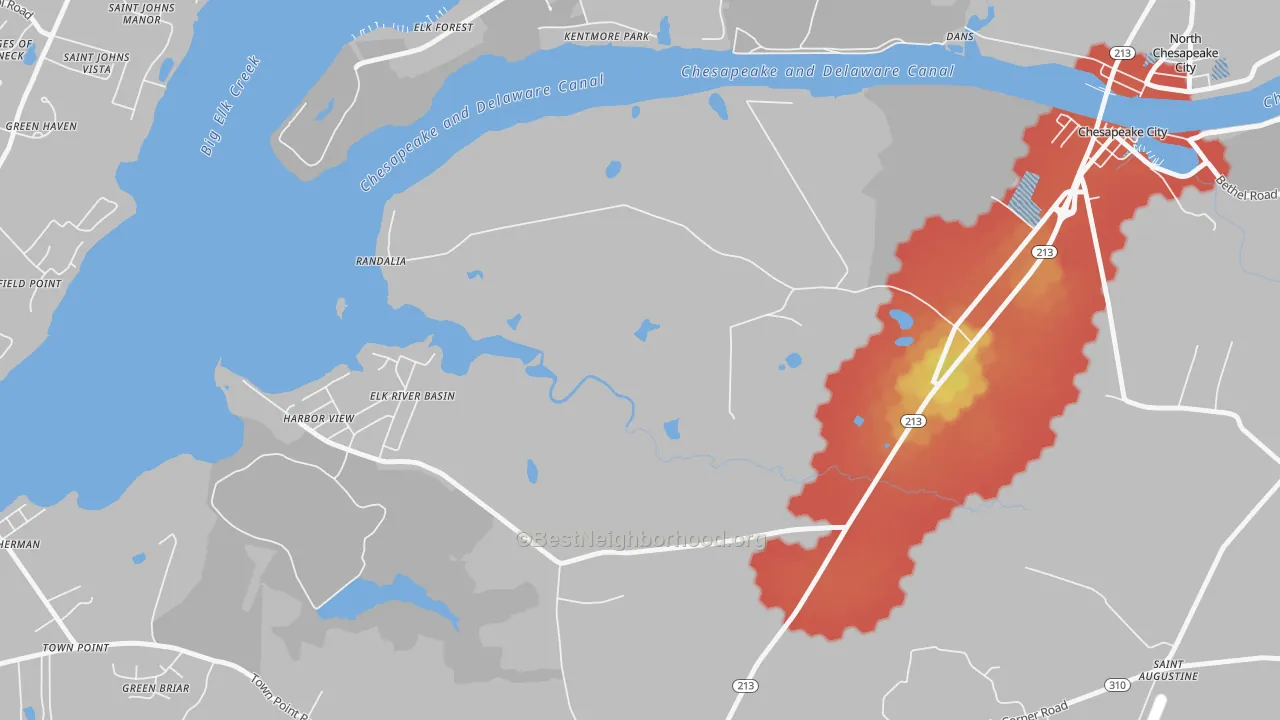 Walk Grade map of Randalia, MD, walkable areas in green and car-dependent areas in red