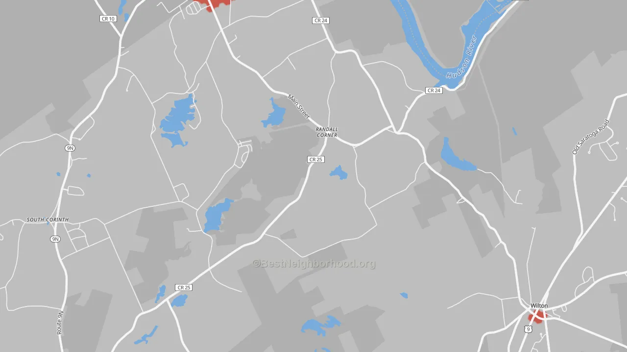 Walk Grade map of Randall Corner, NY, walkable areas in green and car-dependent areas in red