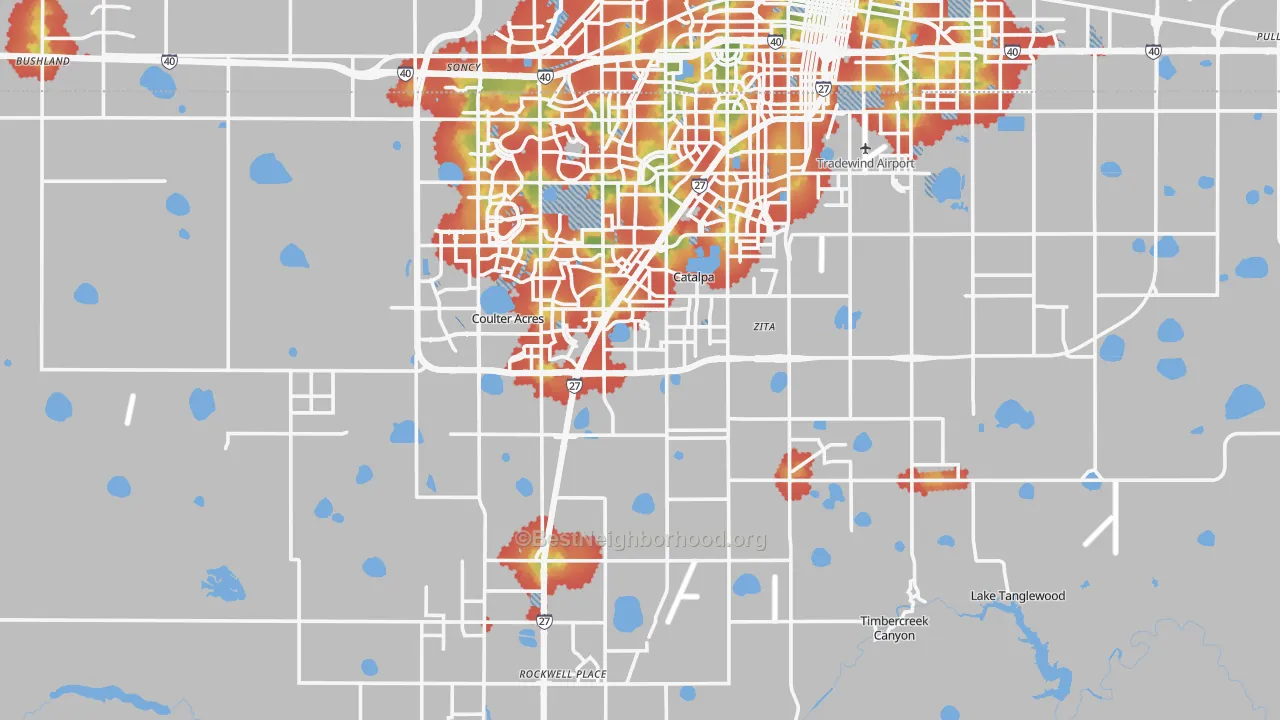 Walk Grade map of Randall County, TX, walkable areas in green and car-dependent areas in red