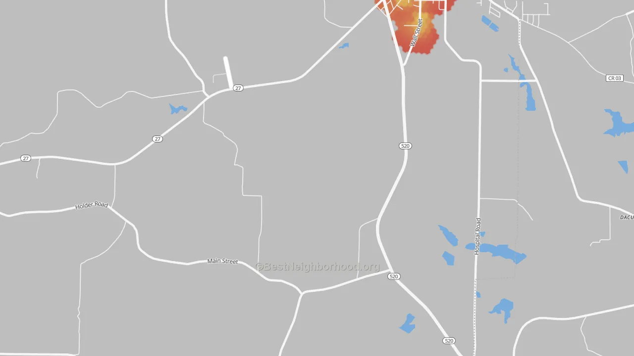 Walk Grade map of Randall, GA, walkable areas in green and car-dependent areas in red