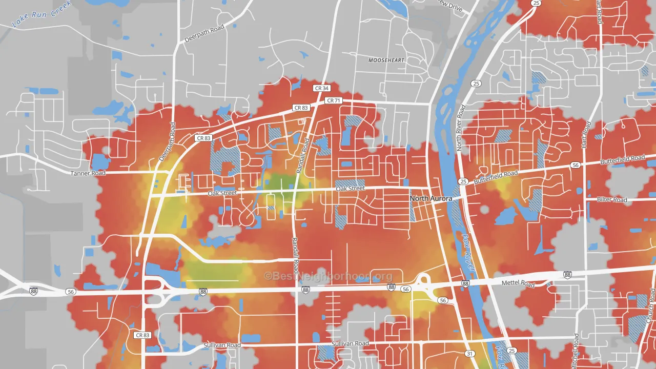 Walk Grade map of Randall Hills, North Aurora, IL, walkable areas in green and car-dependent areas in red