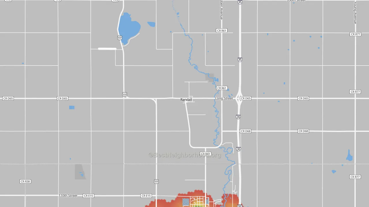 Walk Grade map of Randall, IA, walkable areas in green and car-dependent areas in red
