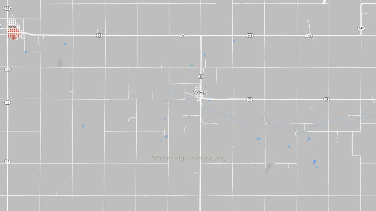 Walk Grade map of Randall, KS, walkable areas in green and car-dependent areas in red