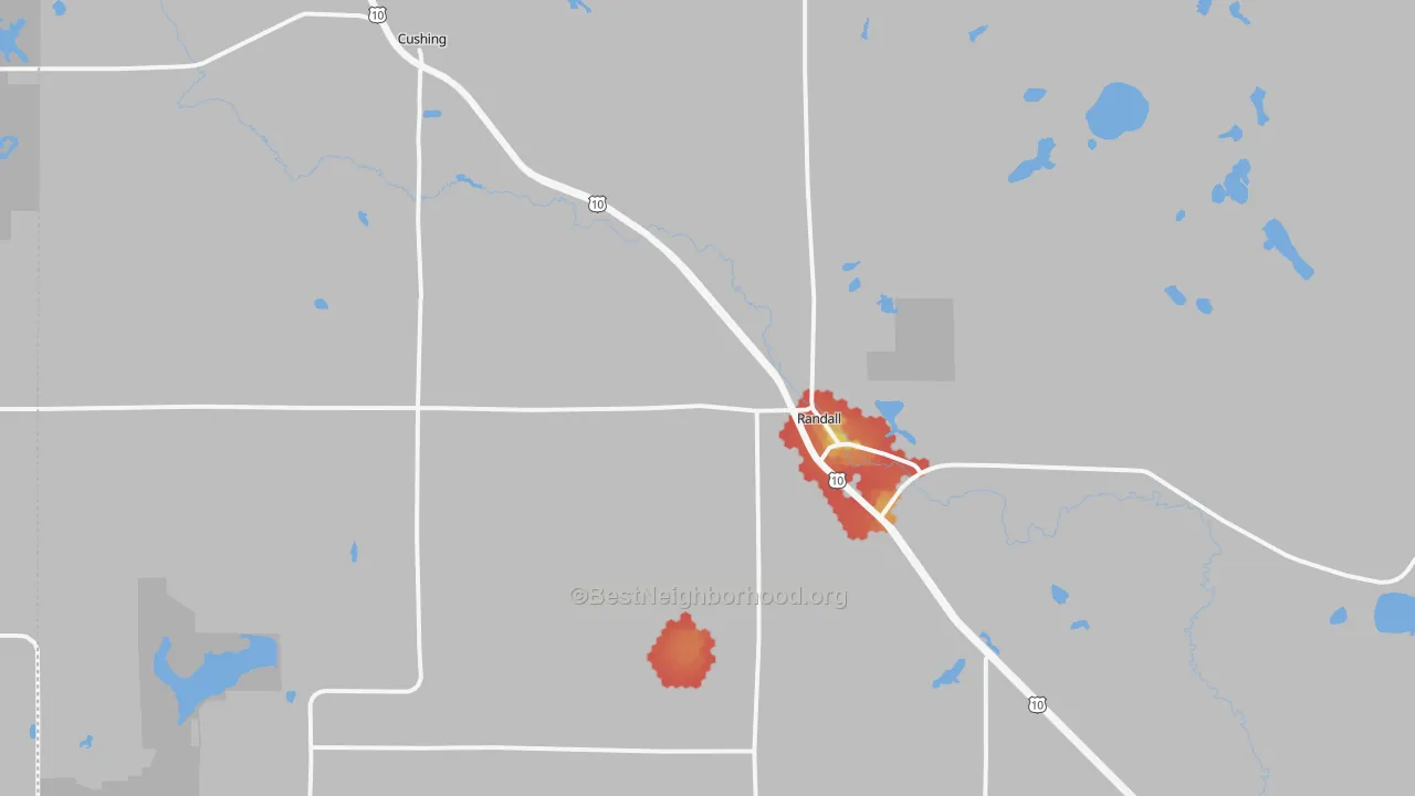 Walk Grade map of Randall, MN, walkable areas in green and car-dependent areas in red