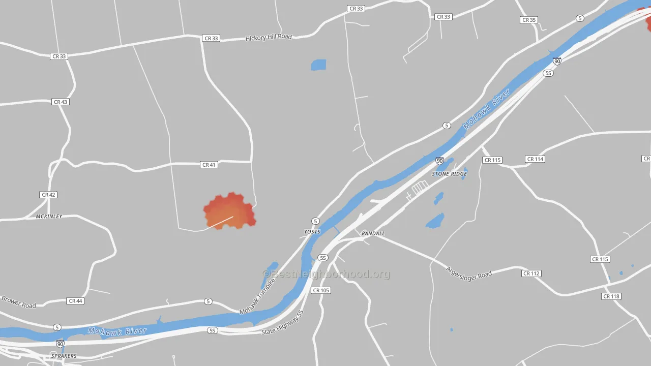 Walk Grade map of Randall, NY, walkable areas in green and car-dependent areas in red