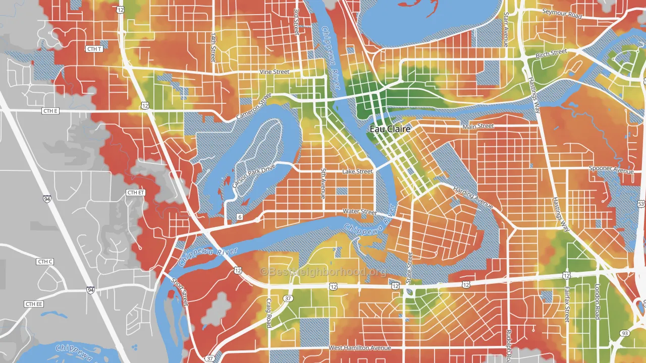 Walk Grade map of Randall Park, Eau Claire, WI, walkable areas in green and car-dependent areas in red