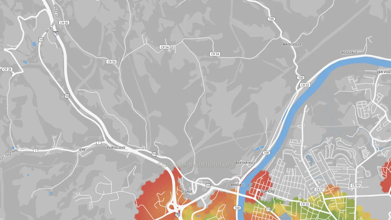 Walk Grade map of Randall, WV, walkable areas in green and car-dependent areas in red