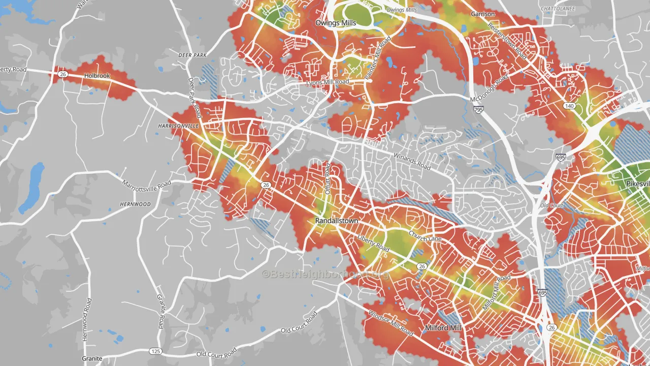 Walk Grade map of Randallstown, MD, walkable areas in green and car-dependent areas in red