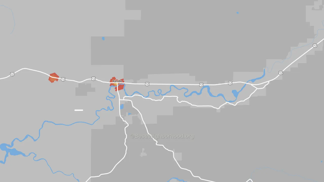 Walk Grade map of Randle, WA, walkable areas in green and car-dependent areas in red
