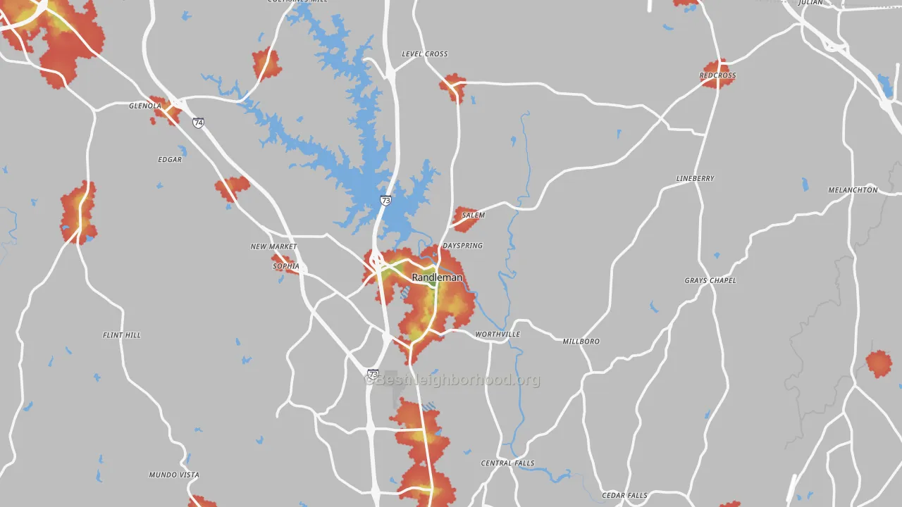 Walk Grade map of Randleman, NC, walkable areas in green and car-dependent areas in red