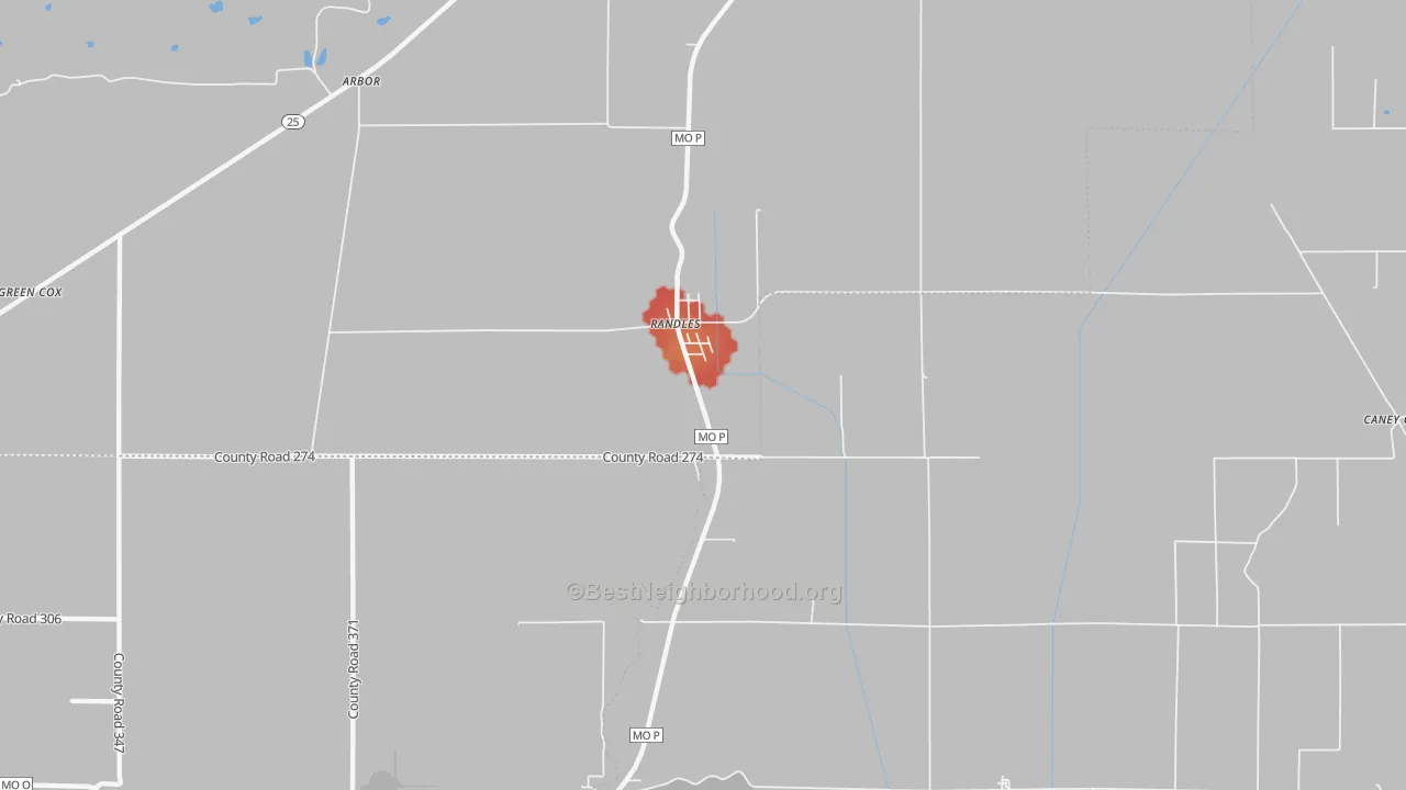 Walk Grade map of Randles, MO, walkable areas in green and car-dependent areas in red