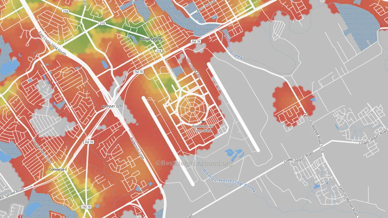 Walk Grade map of Randolph AFB, TX, walkable areas in green and car-dependent areas in red