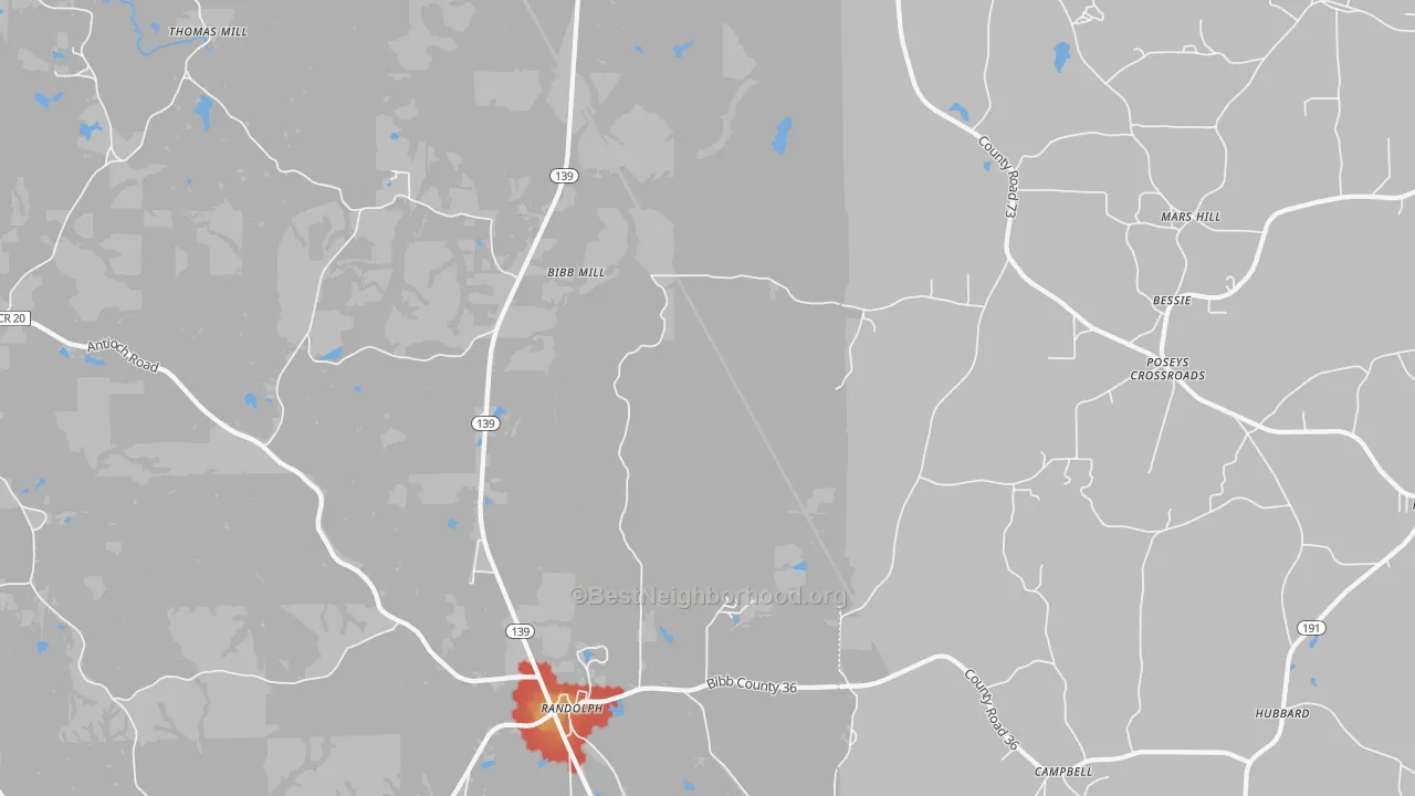 Walk Grade map of Randolph, AL, walkable areas in green and car-dependent areas in red
