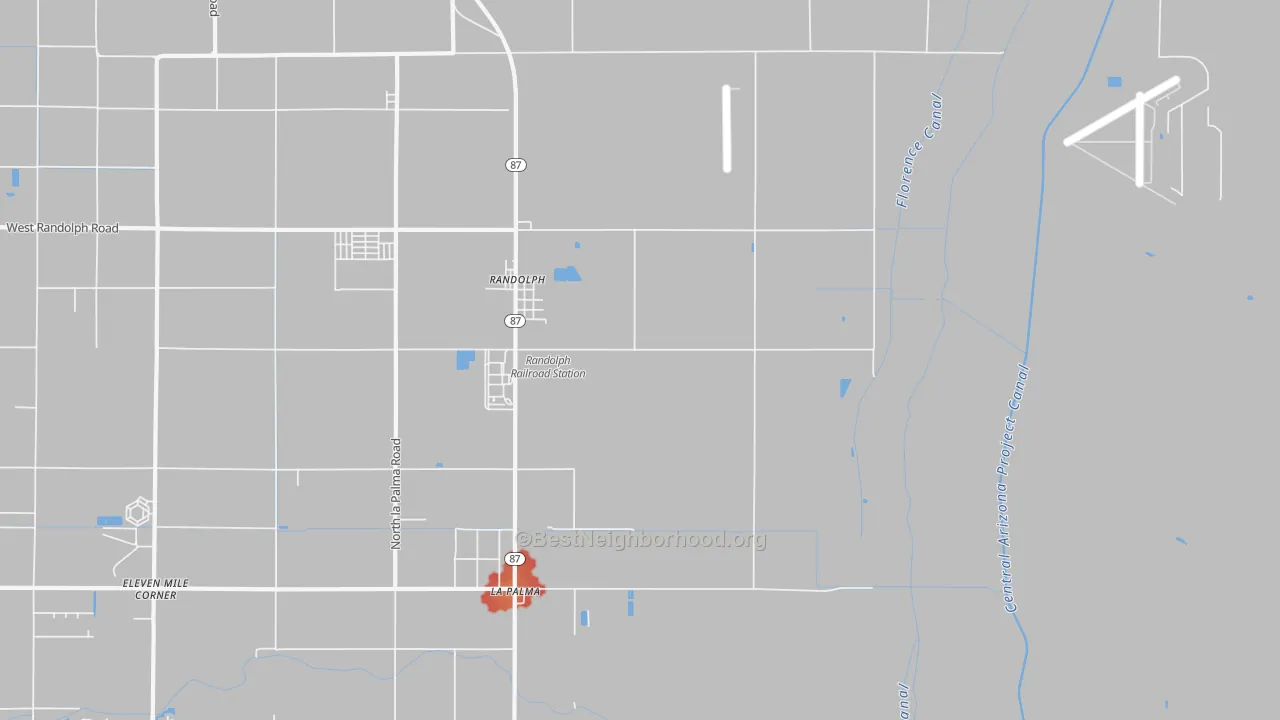 Walk Grade map of Randolph, AZ, walkable areas in green and car-dependent areas in red