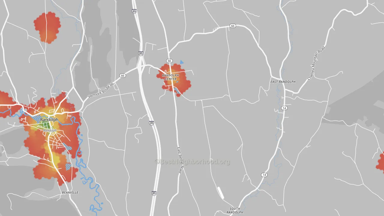 Walk Grade map of Randolph Center, VT, walkable areas in green and car-dependent areas in red