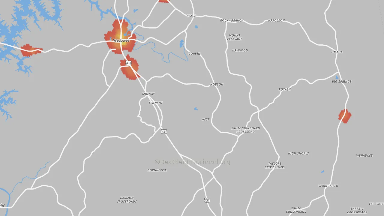 Walk Grade map of Randolph County, AL, walkable areas in green and car-dependent areas in red