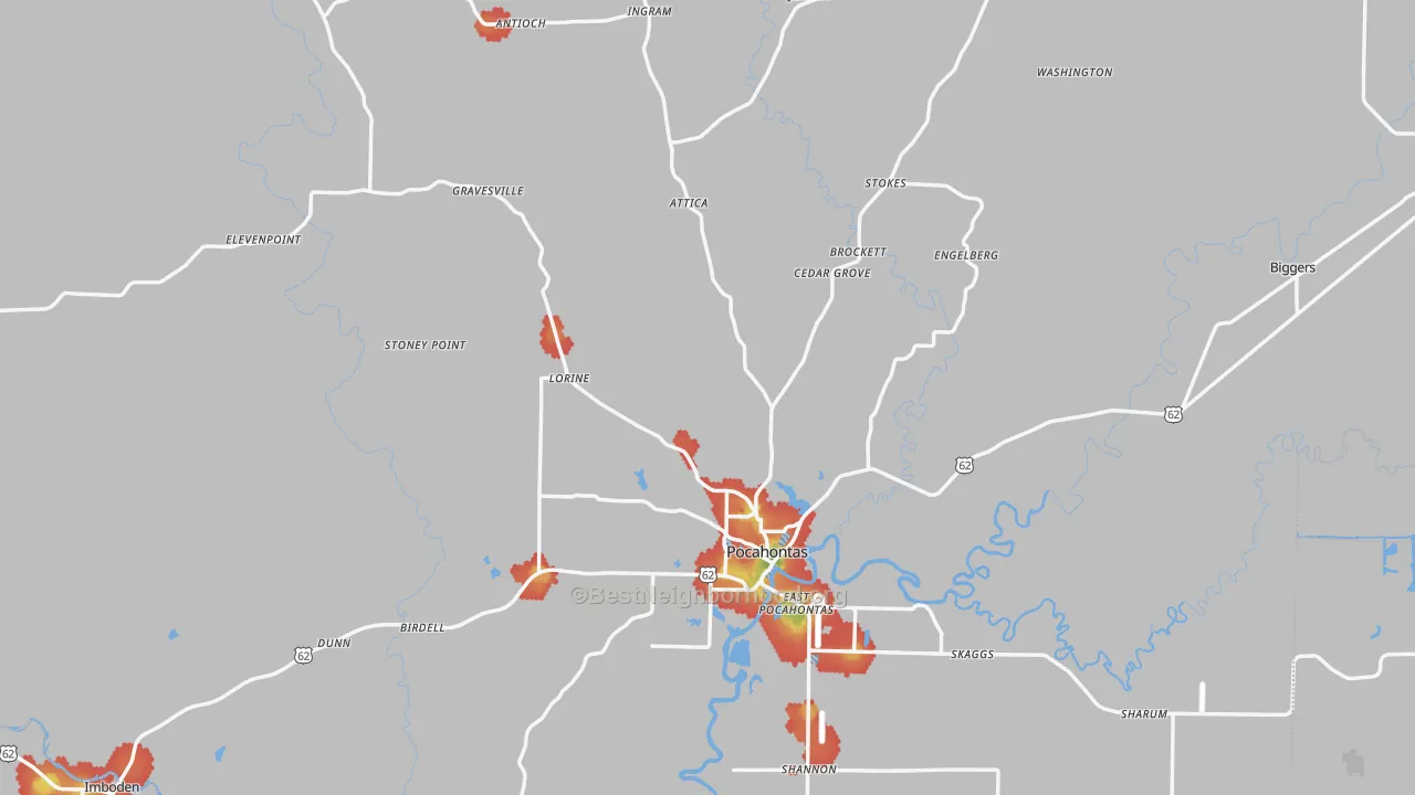 Walk Grade map of Randolph County, AR, walkable areas in green and car-dependent areas in red