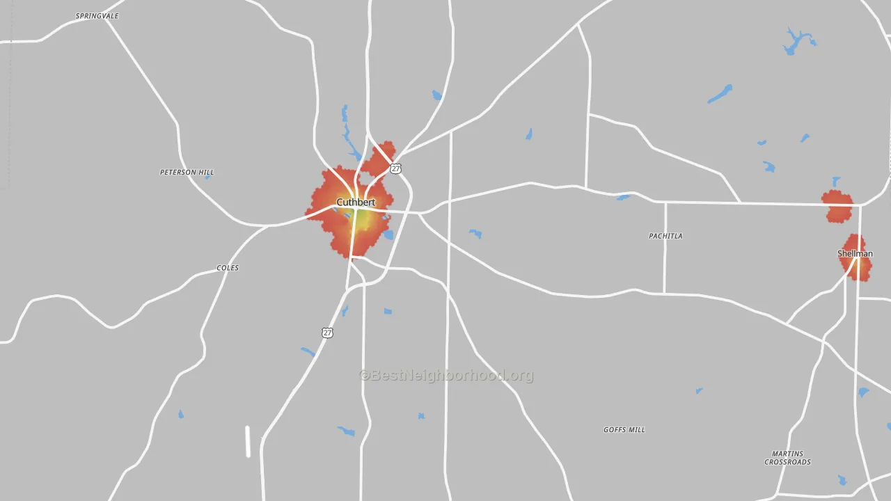 Walk Grade map of Randolph County, GA, walkable areas in green and car-dependent areas in red