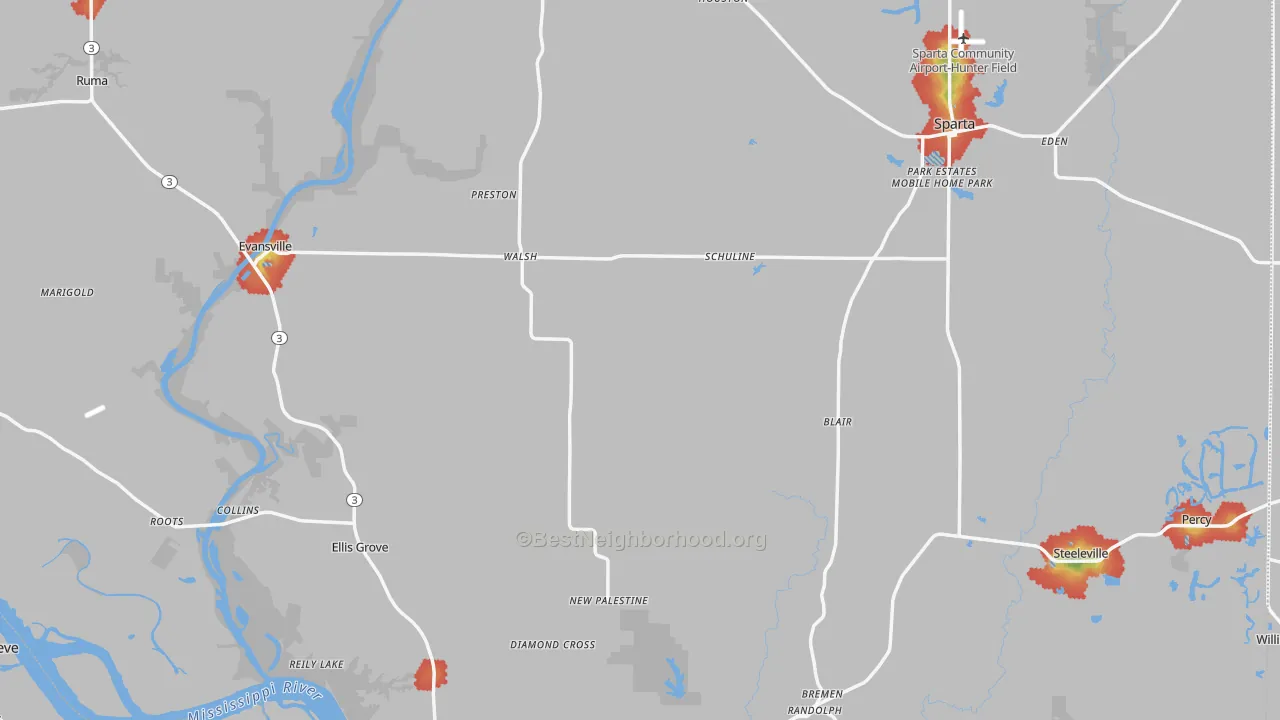 Walk Grade map of Randolph County, IL, walkable areas in green and car-dependent areas in red