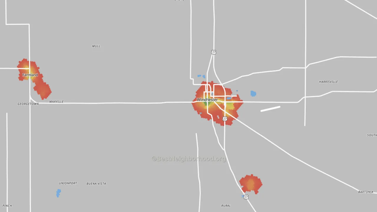 Walk Grade map of Randolph County, IN, walkable areas in green and car-dependent areas in red