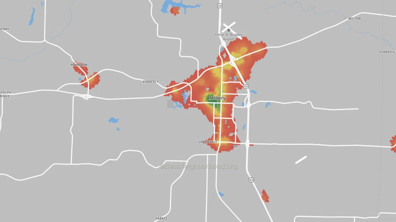 Walk Grade map of Randolph County, MO, walkable areas in green and car-dependent areas in red