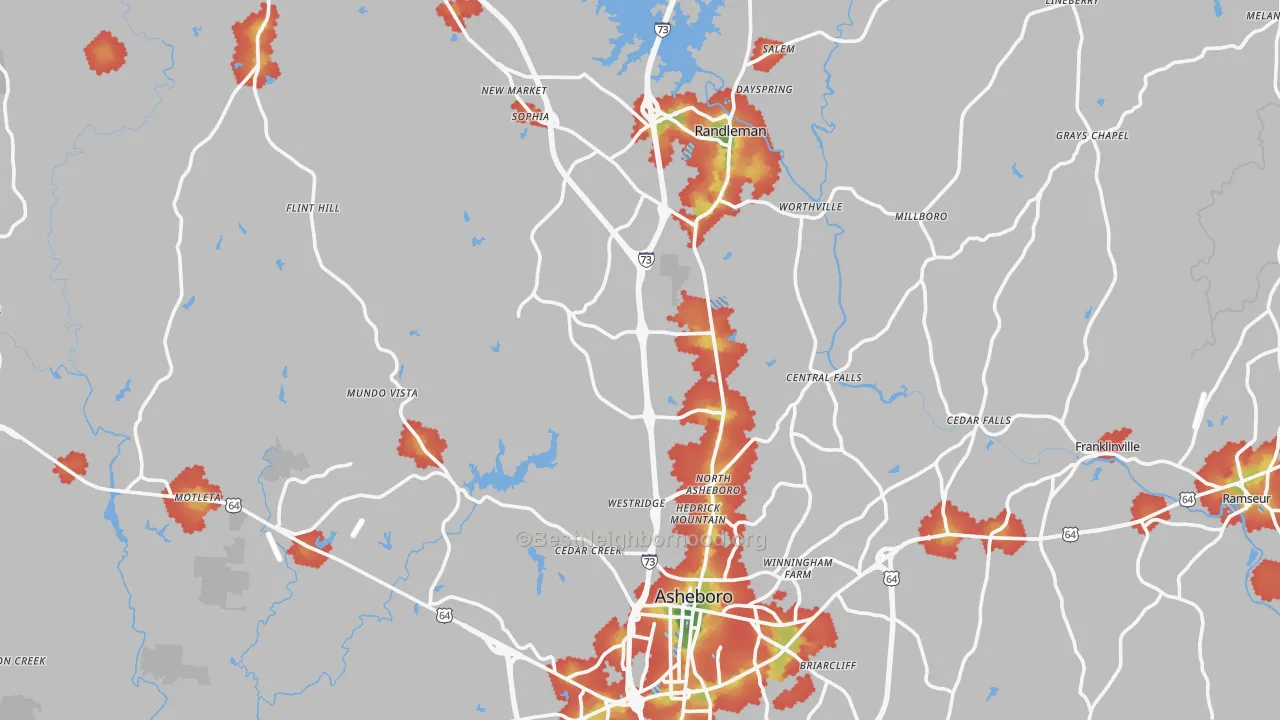 Walk Grade map of Randolph County, NC, walkable areas in green and car-dependent areas in red