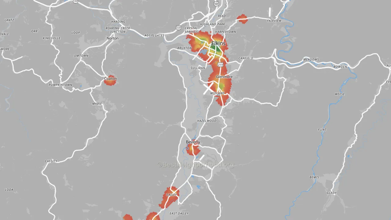Walk Grade map of Randolph County, WV, walkable areas in green and car-dependent areas in red