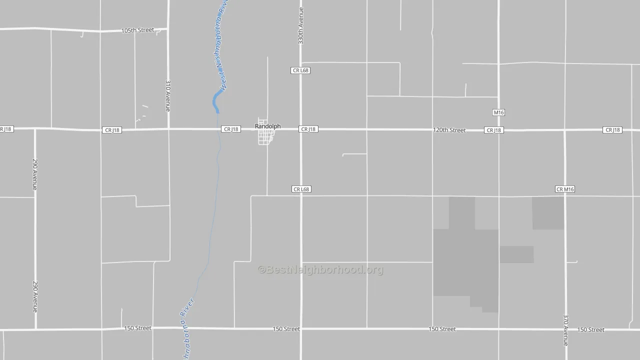 Walk Grade map of Randolph, IA, walkable areas in green and car-dependent areas in red