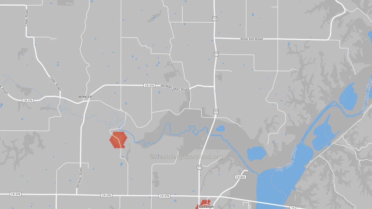 Walk Grade map of Randolph, KS, walkable areas in green and car-dependent areas in red