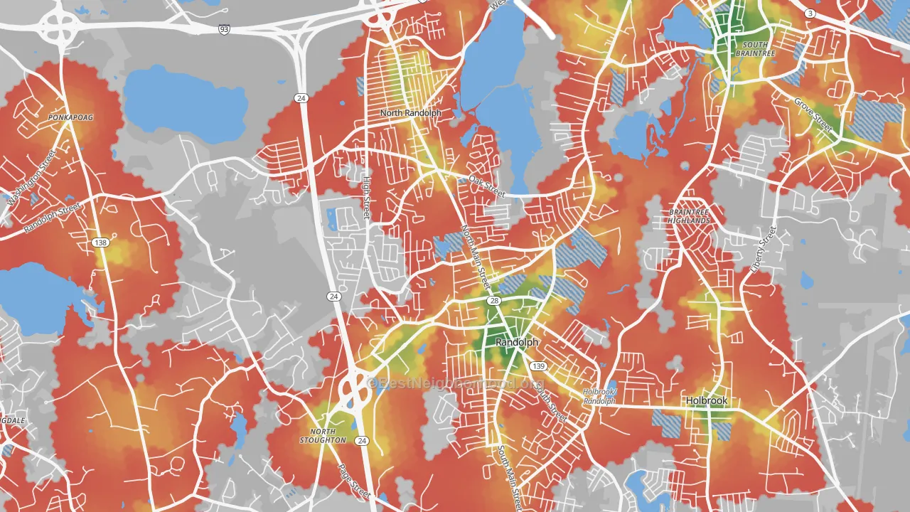 Walk Grade map of Randolph, MA, walkable areas in green and car-dependent areas in red