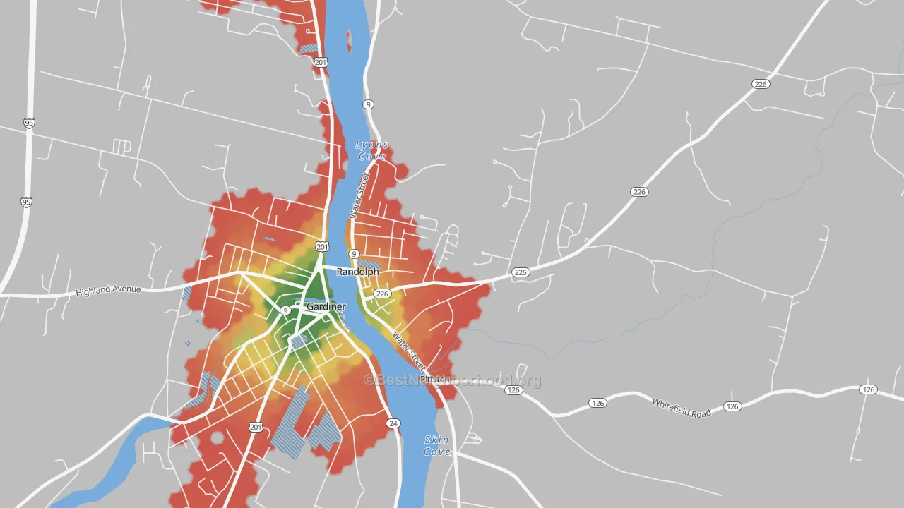 Walk Grade map of Randolph, ME, walkable areas in green and car-dependent areas in red