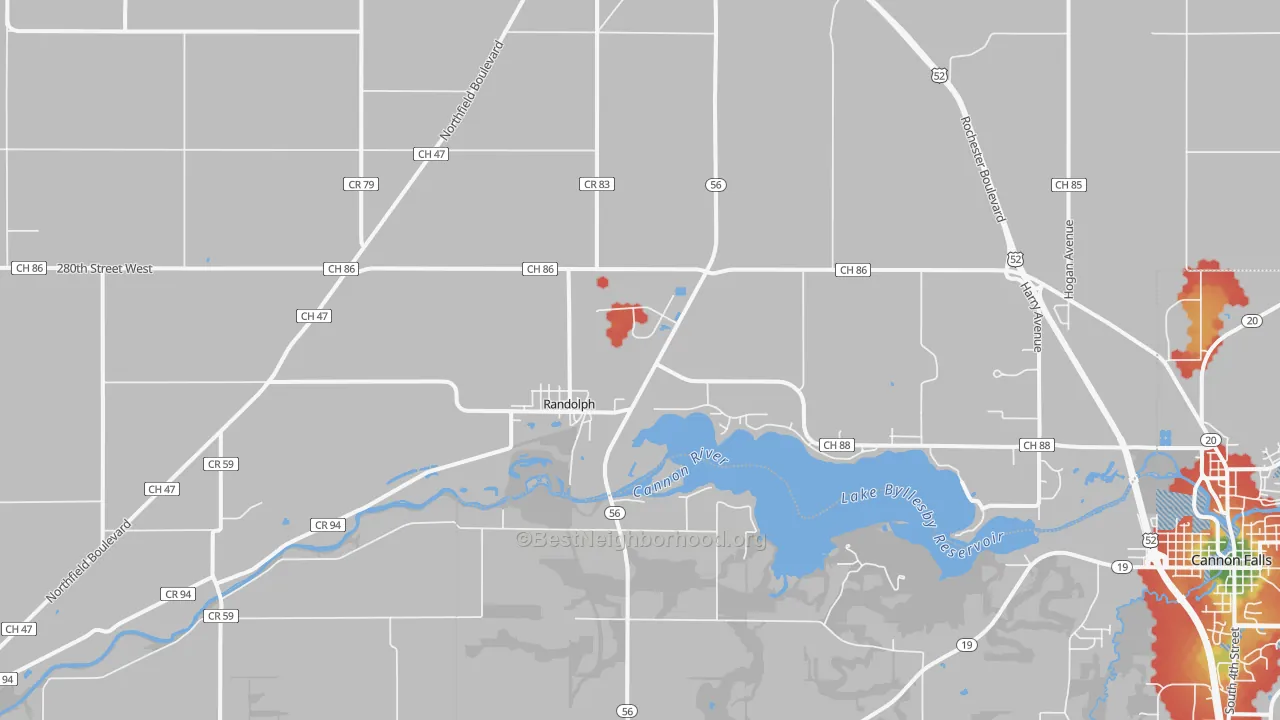 Walk Grade map of Randolph, MN, walkable areas in green and car-dependent areas in red