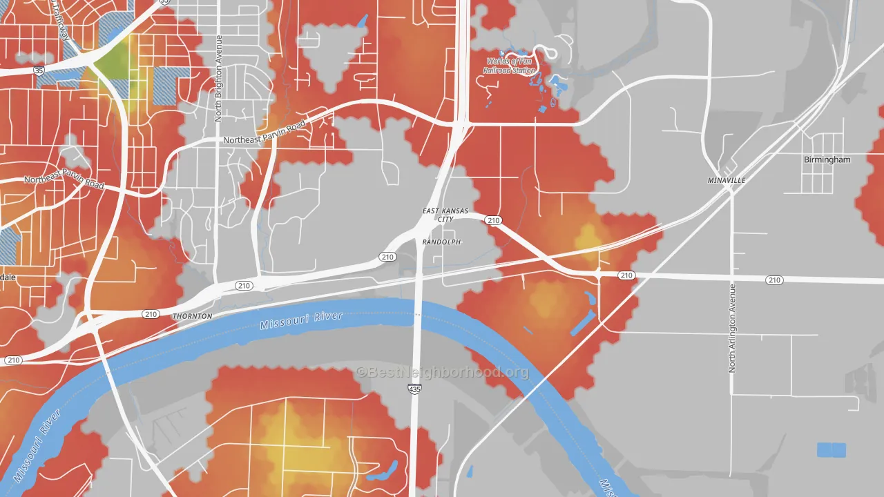 Walk Grade map of Randolph, MO, walkable areas in green and car-dependent areas in red