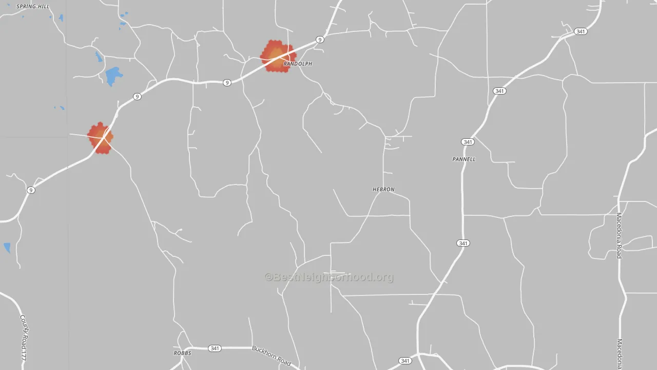 Walk Grade map of Randolph, MS, walkable areas in green and car-dependent areas in red