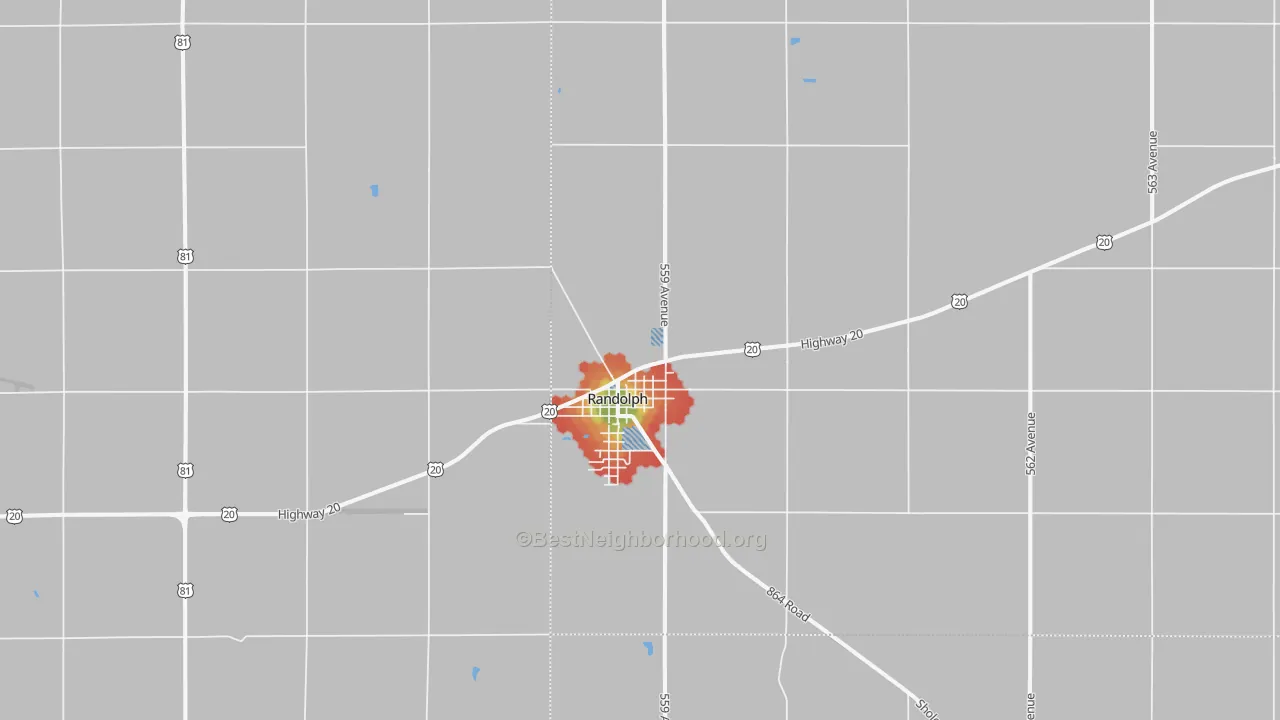 Walk Grade map of Randolph, NE, walkable areas in green and car-dependent areas in red