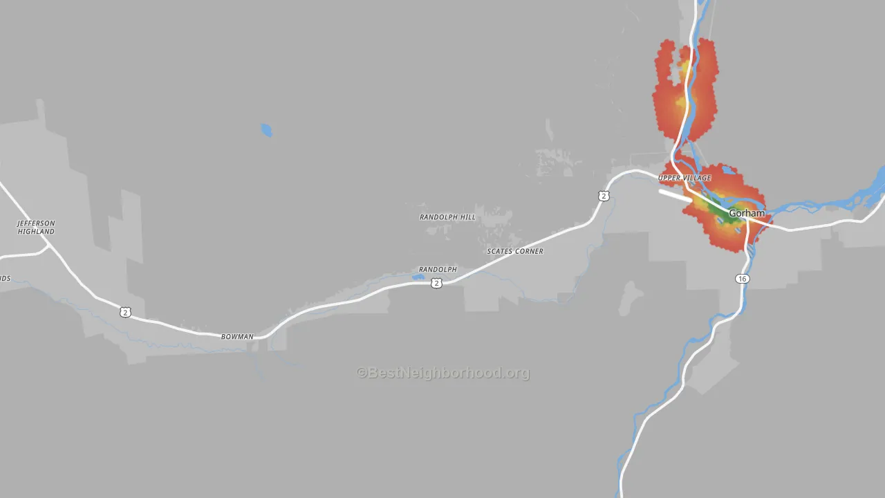 Walk Grade map of Randolph, NH, walkable areas in green and car-dependent areas in red