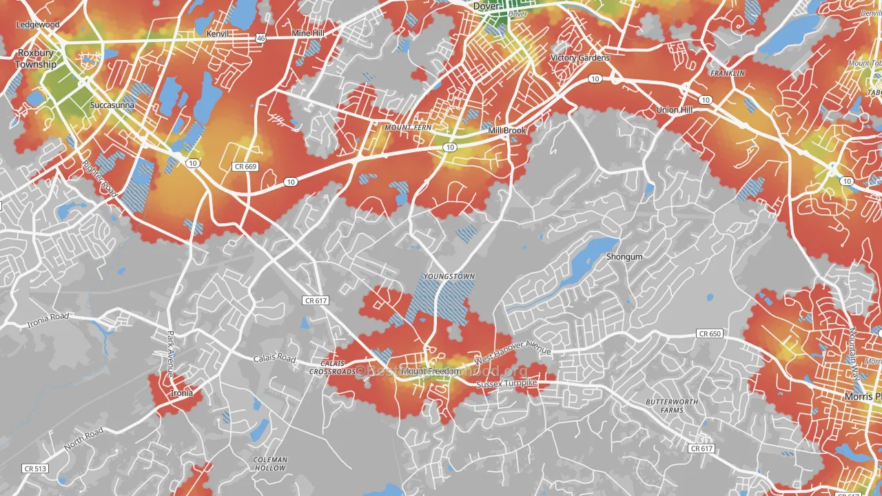 Walk Grade map of Randolph, NJ, walkable areas in green and car-dependent areas in red