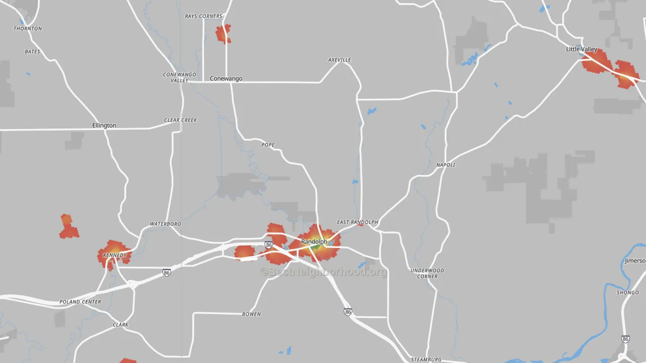 Walk Grade map of Randolph, NY, walkable areas in green and car-dependent areas in red