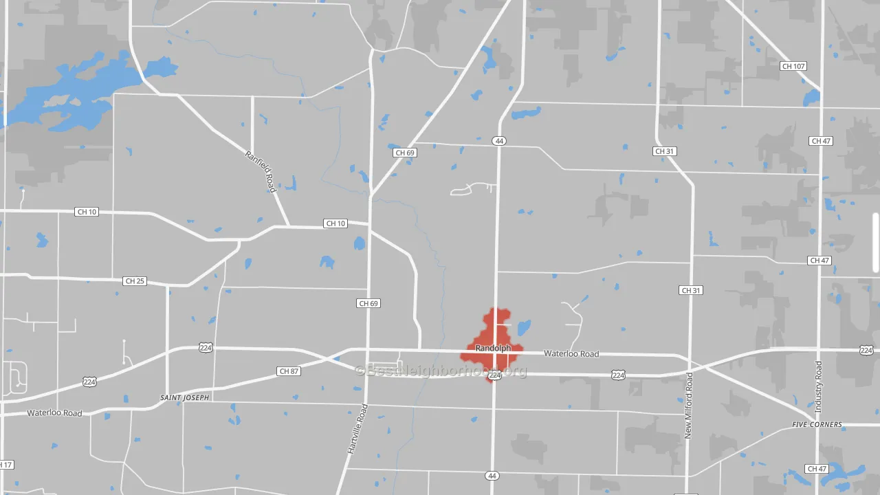 Walk Grade map of Randolph, OH, walkable areas in green and car-dependent areas in red