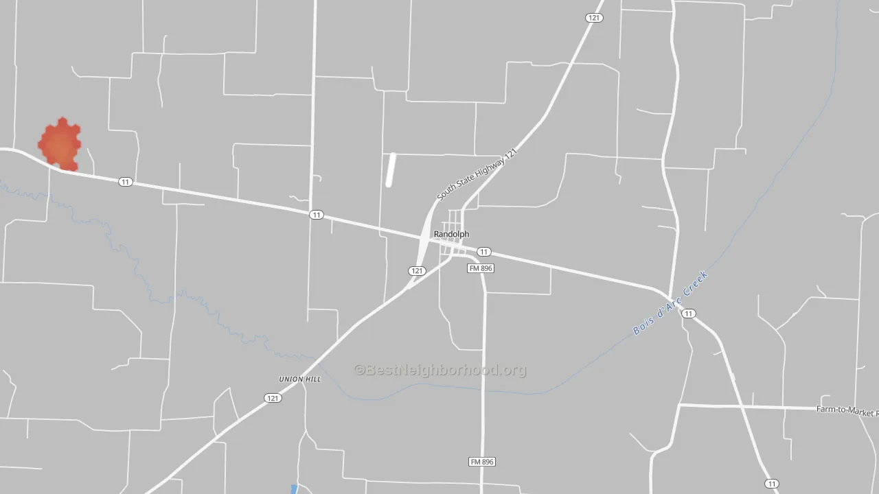 Walk Grade map of Randolph, TX, walkable areas in green and car-dependent areas in red