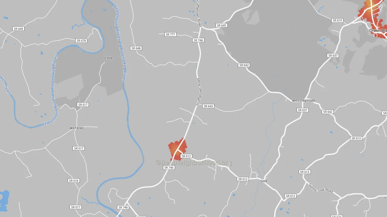 Walk Grade map of Randolph, VA, walkable areas in green and car-dependent areas in red