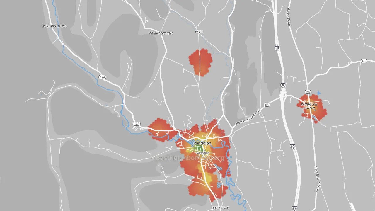 Walk Grade map of Randolph, VT, walkable areas in green and car-dependent areas in red