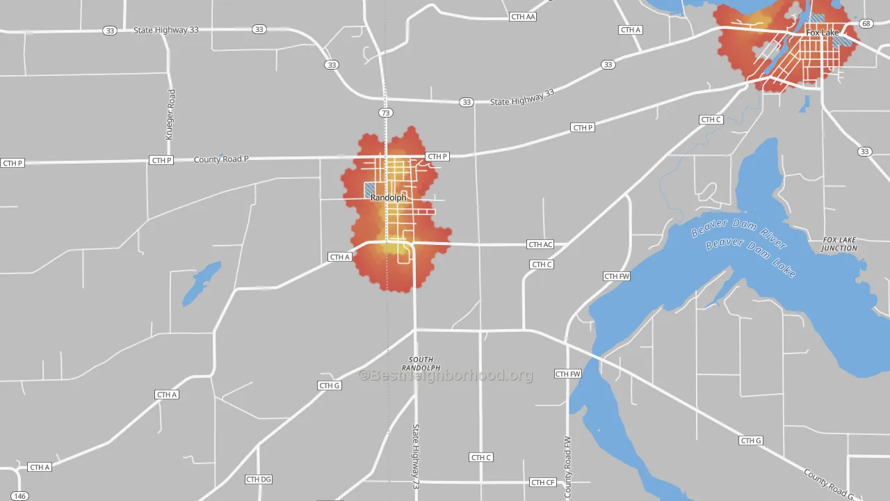 Walk Grade map of Randolph, WI, walkable areas in green and car-dependent areas in red