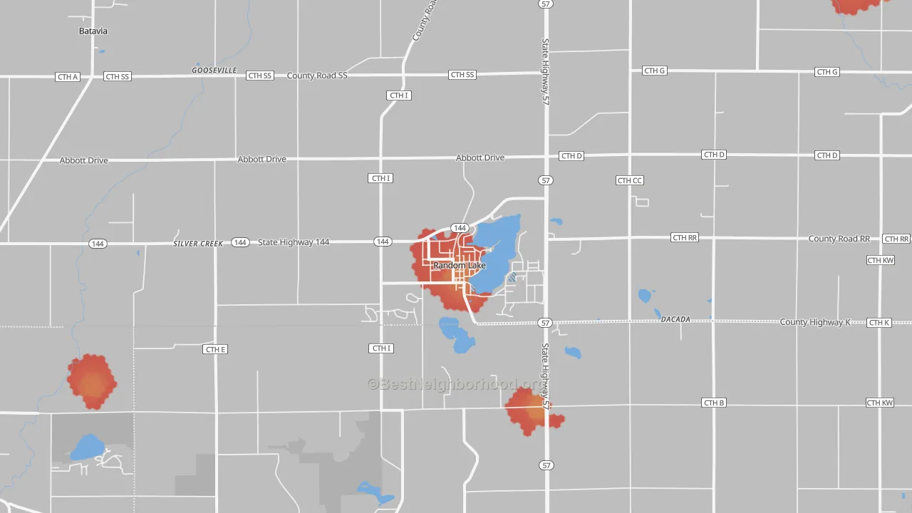 Walk Grade map of Random Lake, WI, walkable areas in green and car-dependent areas in red