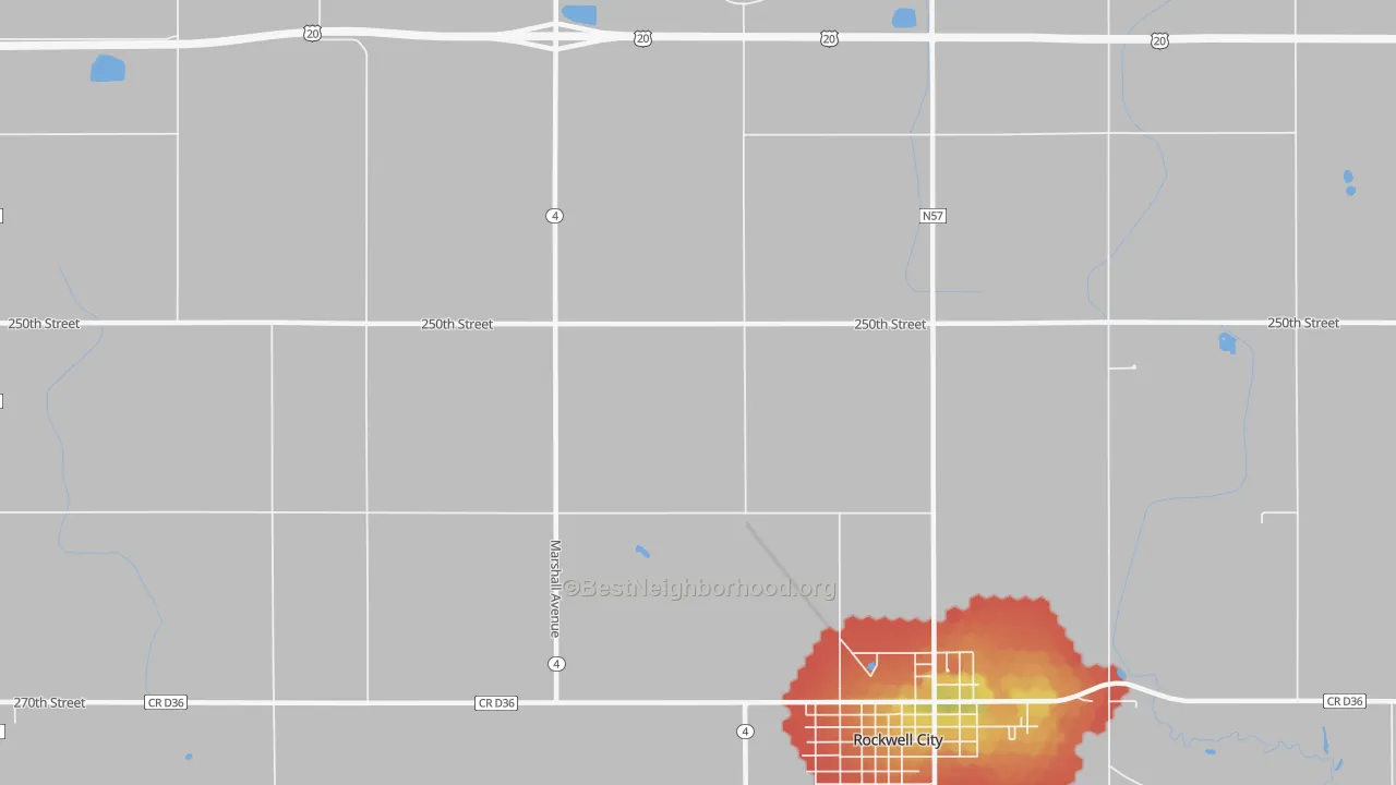 Walk Grade map of Rands, IA, walkable areas in green and car-dependent areas in red